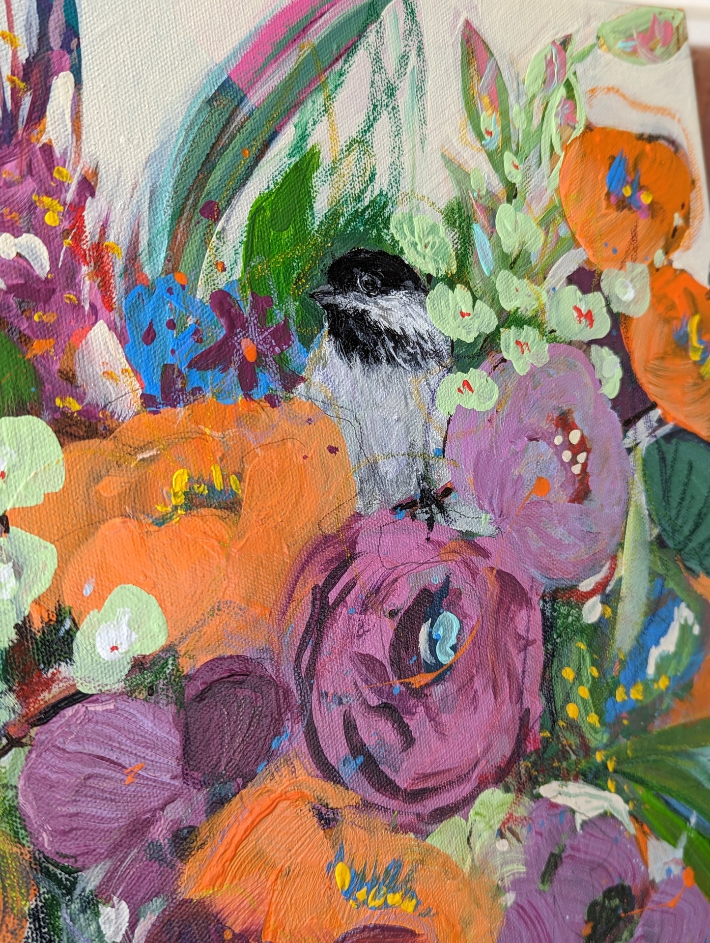 mixed media bold floral orange purple with chickadee