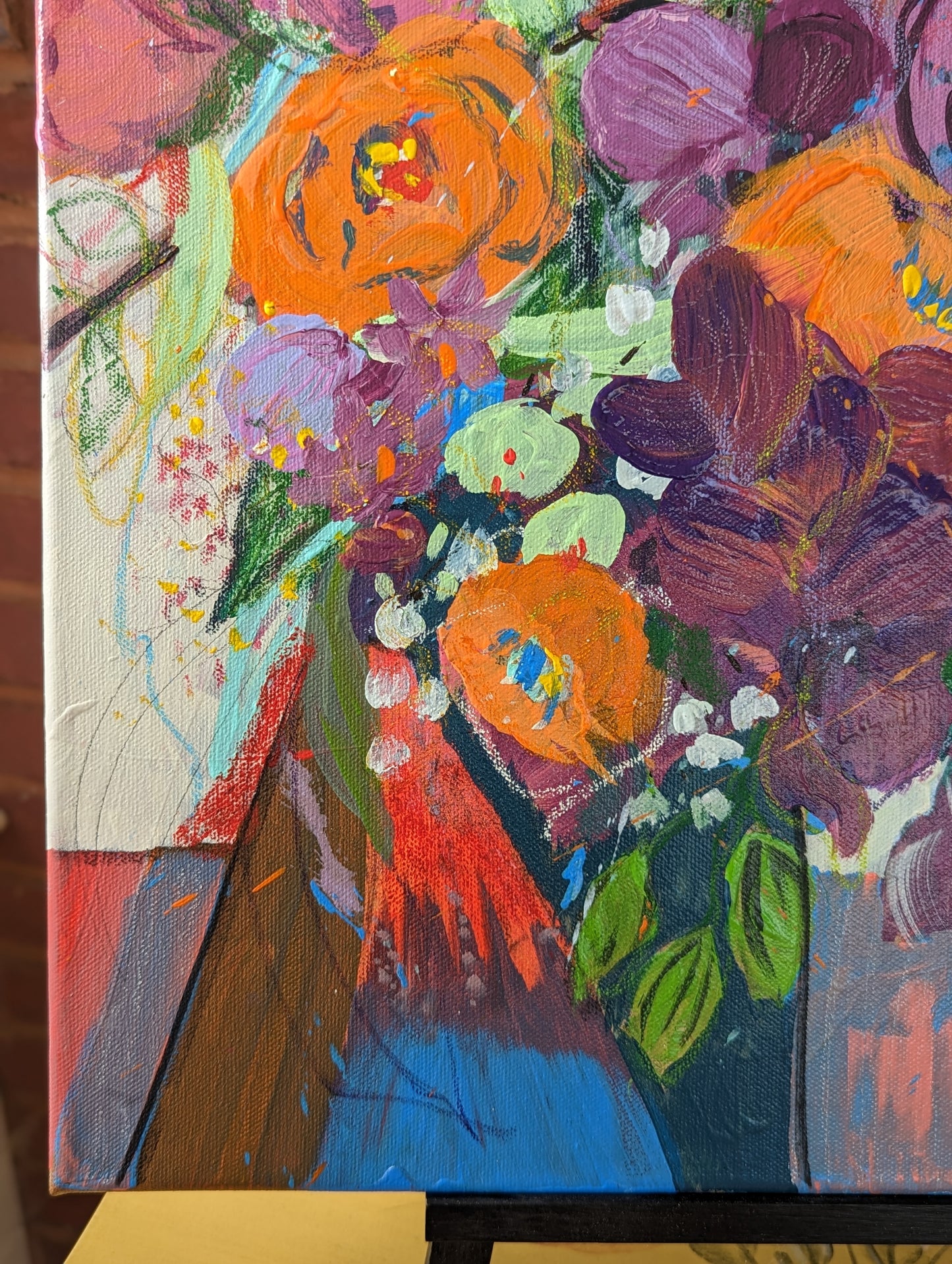 mixed media bold floral orange purple with chickadee
