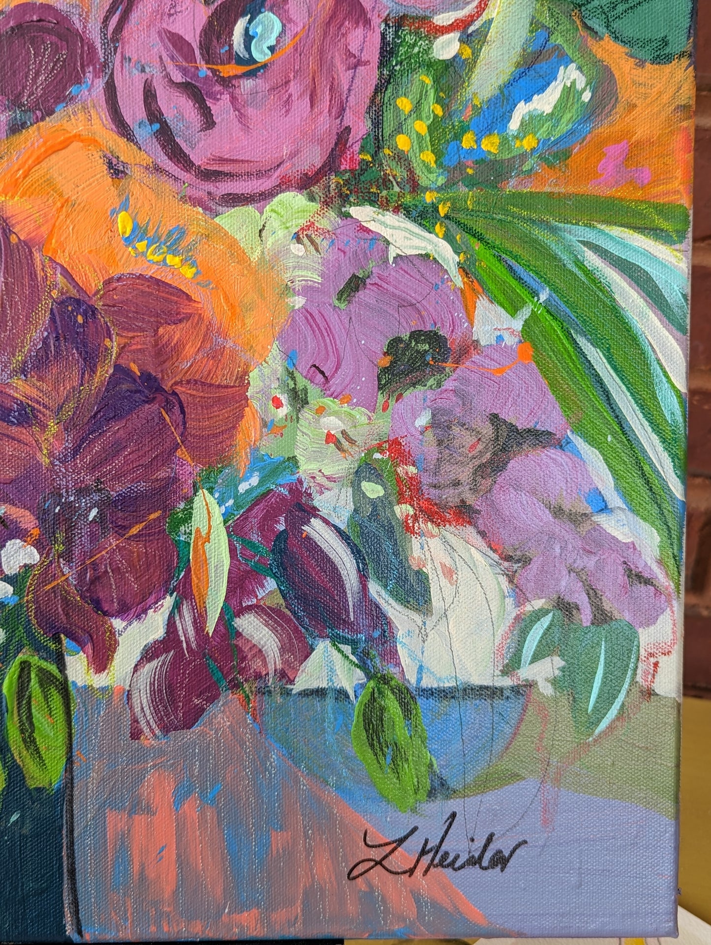 mixed media bold floral orange purple with chickadee