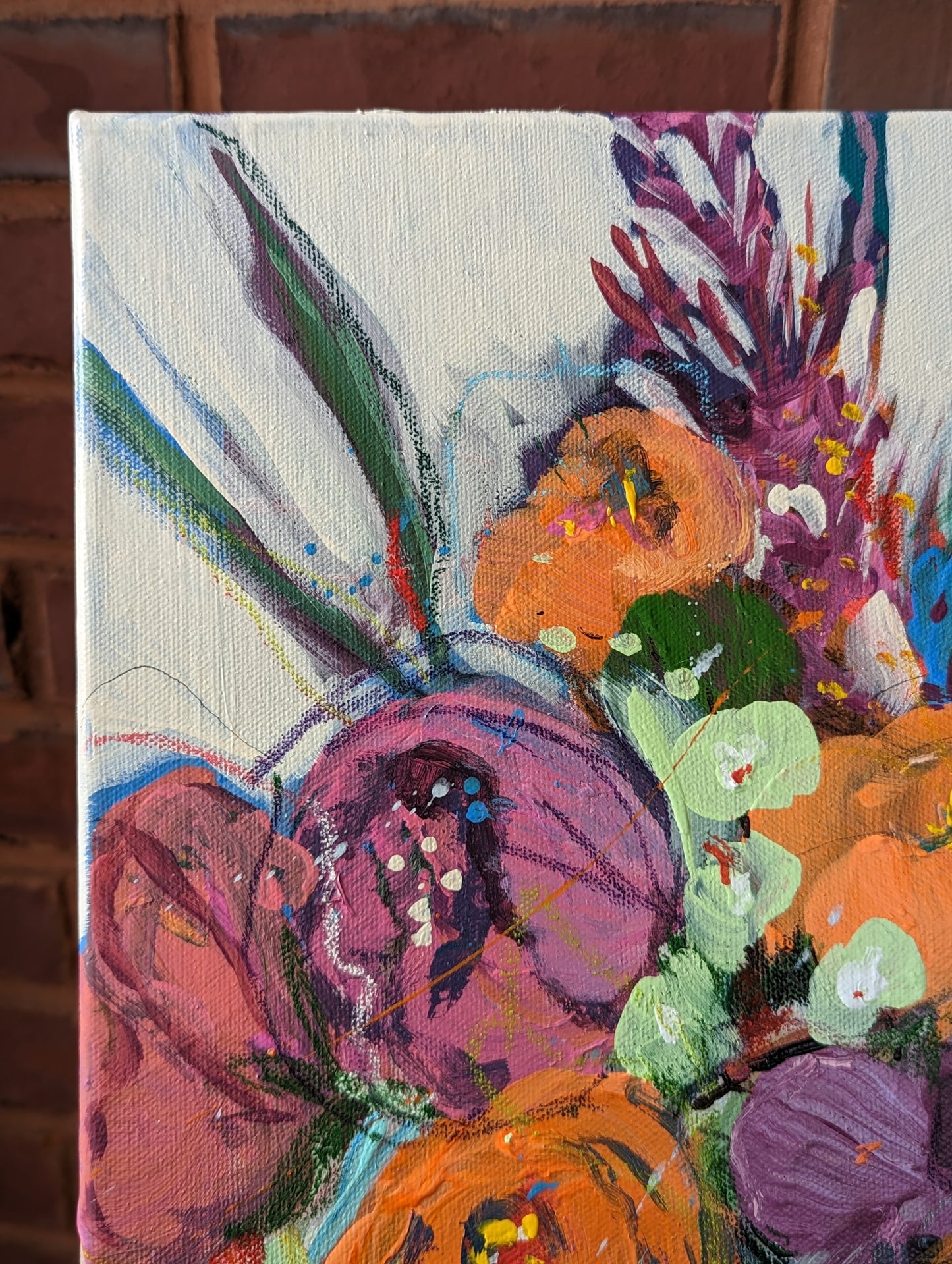 mixed media bold floral orange purple with chickadee