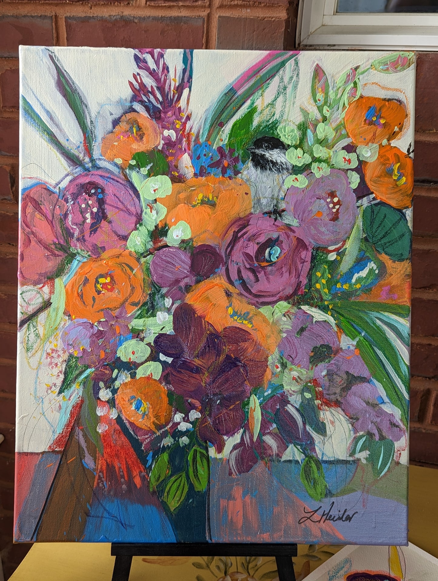mixed media bold floral orange purple with chickadee