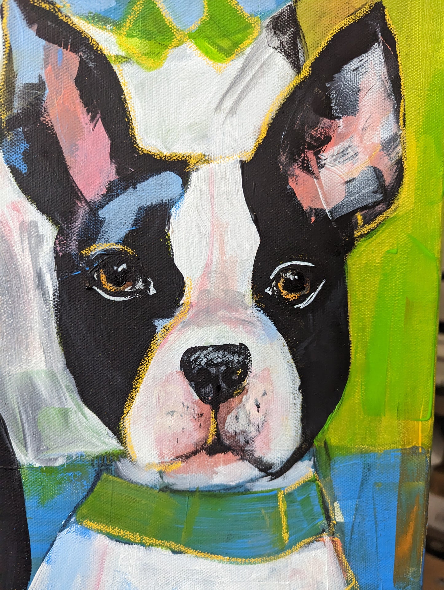 Fab Five - Five Boston Terriers Strike a Pose - Canvas Original Mixed Media Art