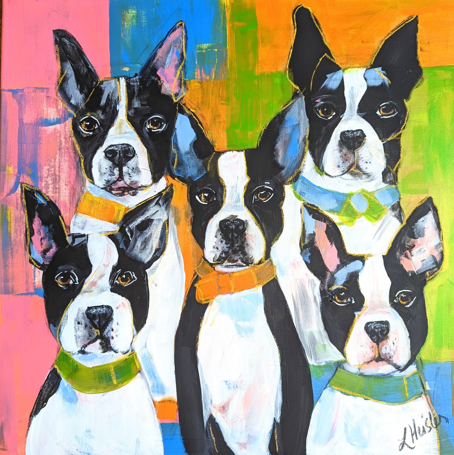 Fab Five - Five Boston Terriers Strike a Pose - Canvas Original Mixed Media Art