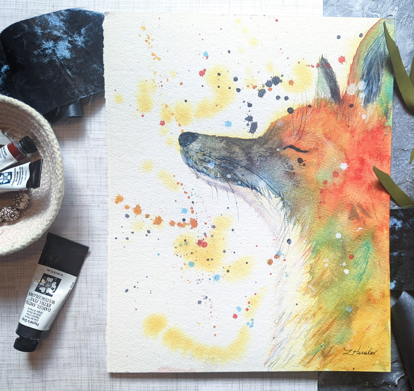 bold modern fox lifting face for sun hand painted watercolor