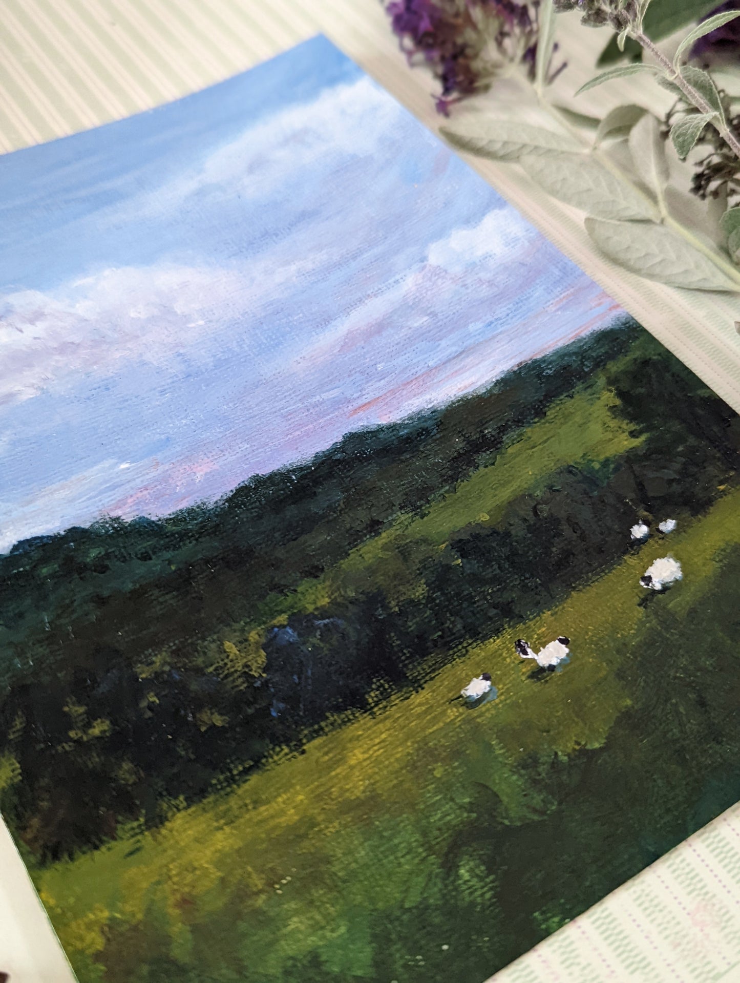 Acrylic painting of sheep farmland pasture laura heisler studios
