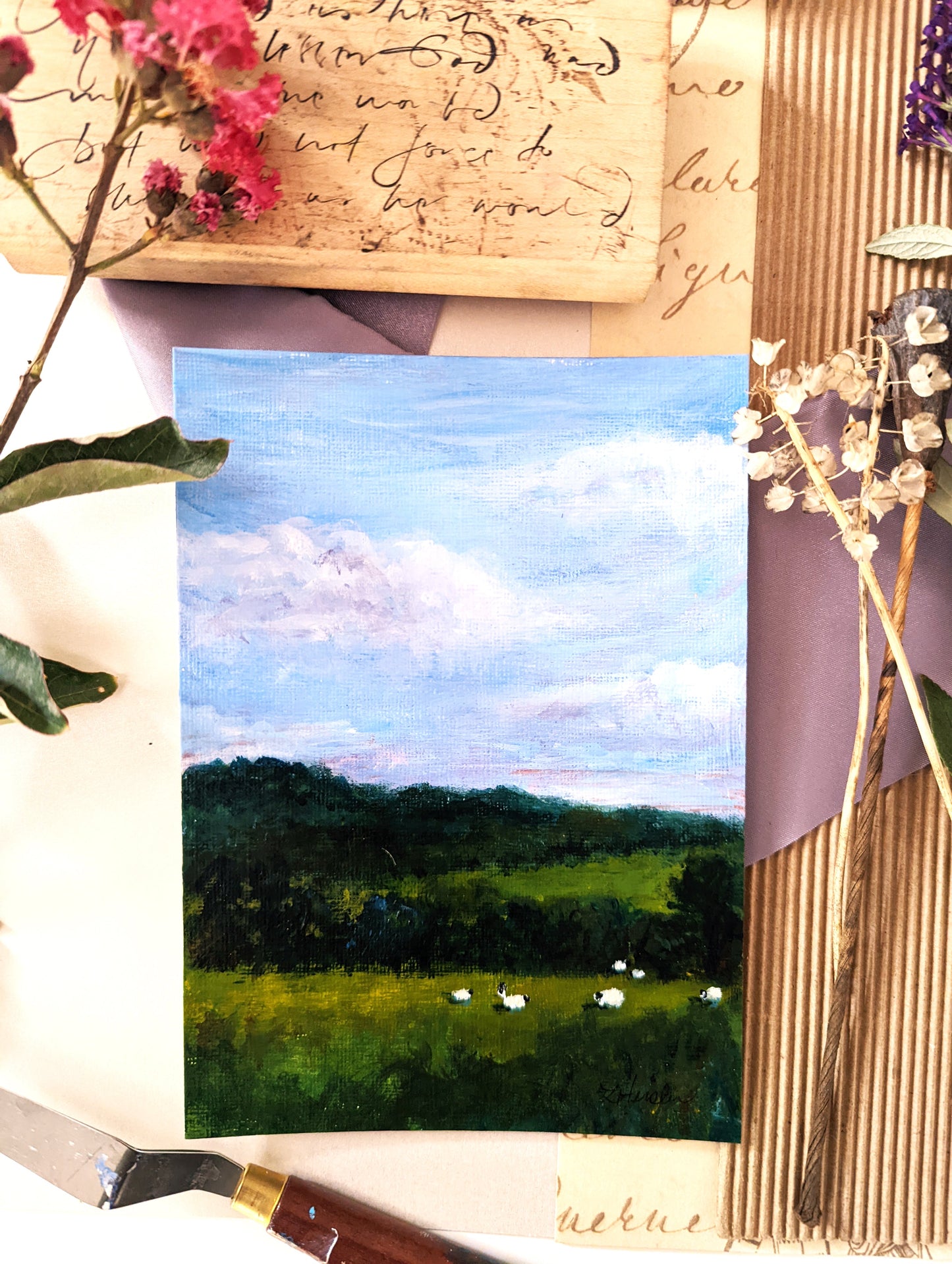 Acrylic painting of sheep farmland pasture laura heisler studios
