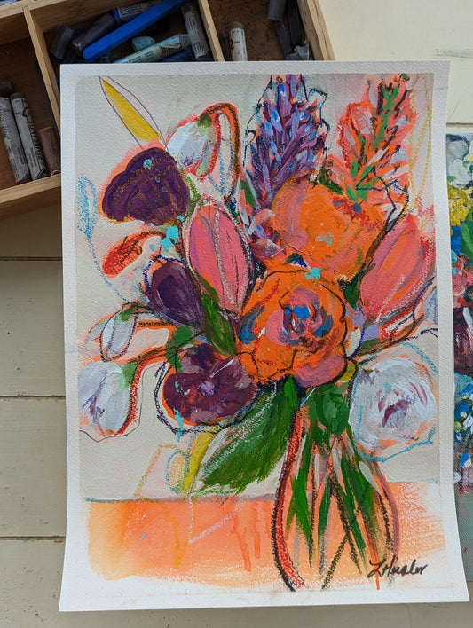 mixed media painting of bold orange and purple flowers by laura heisler studios