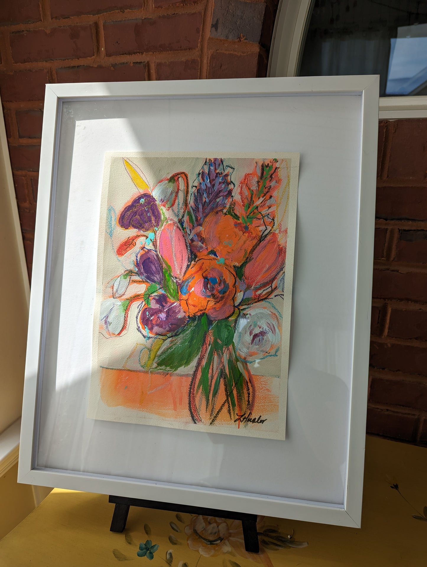 mixed media painting of bold orange and purple flowers by laura heisler studios