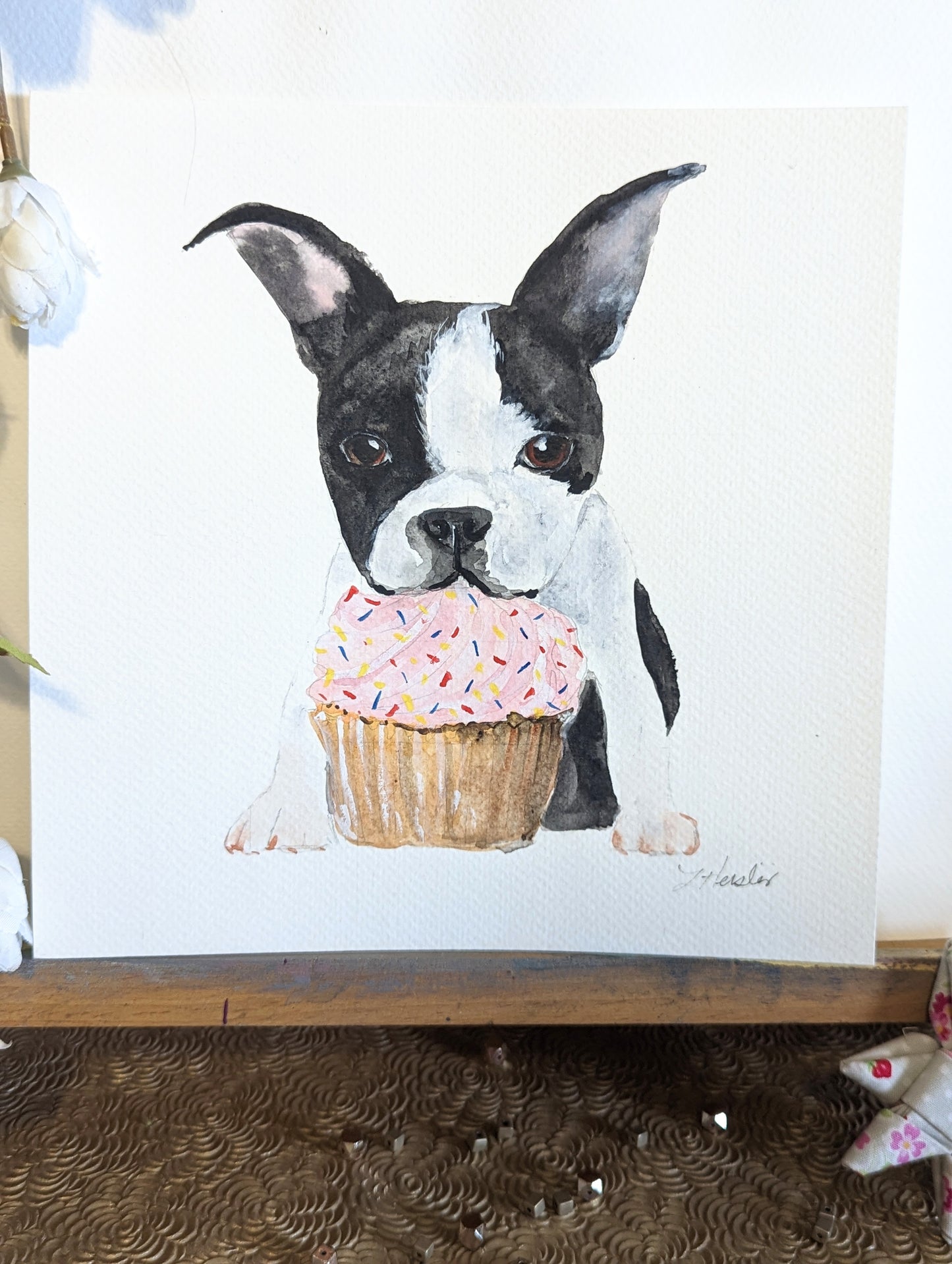 Original 8x8 Boston Terrier & Cupcake Watercolor Artwork