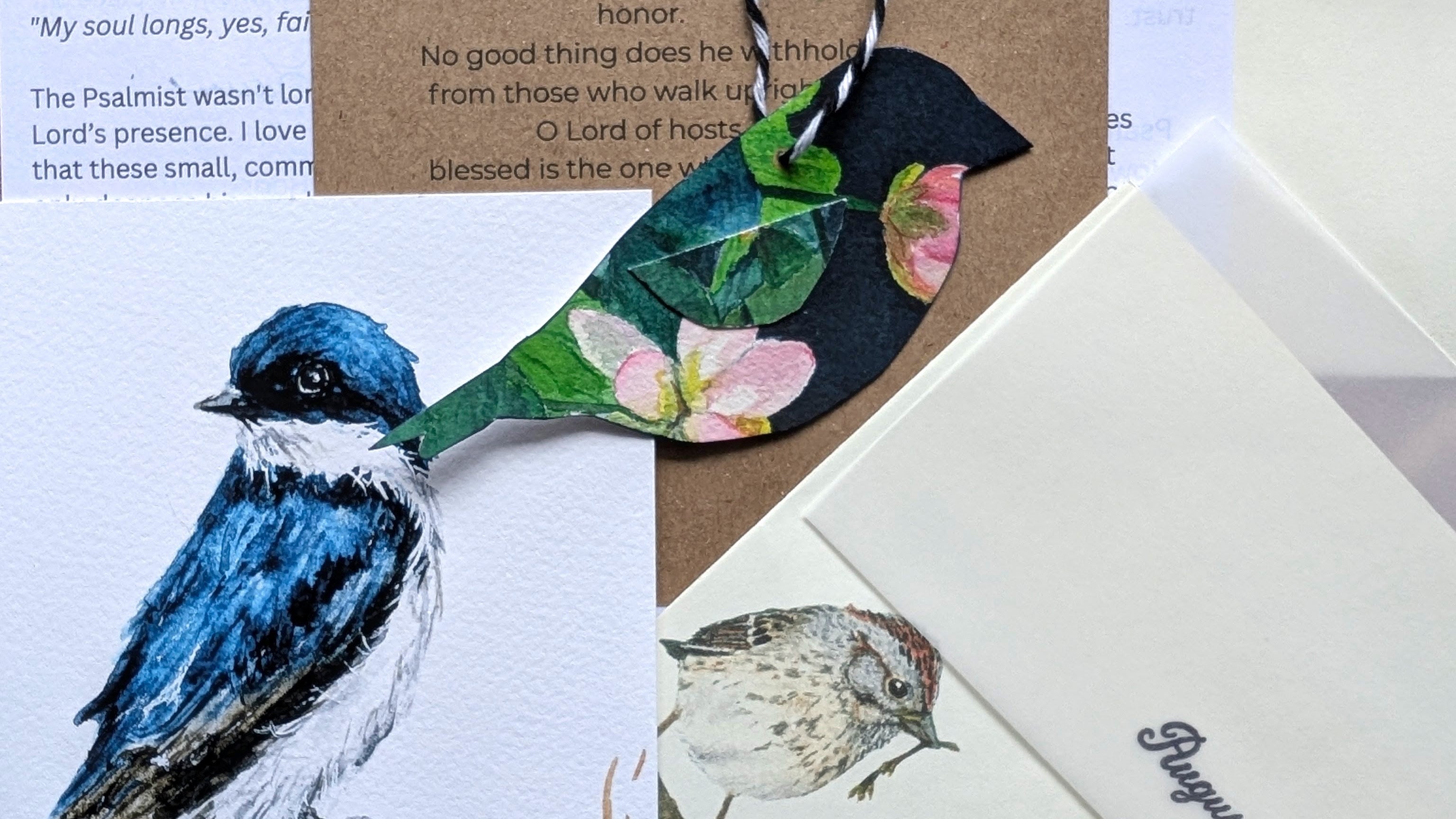 A close up of a swallow watercolor painting, a sparrow silhouette showing a monthly packaging of Creation and the Psalms Monthly Print Collection