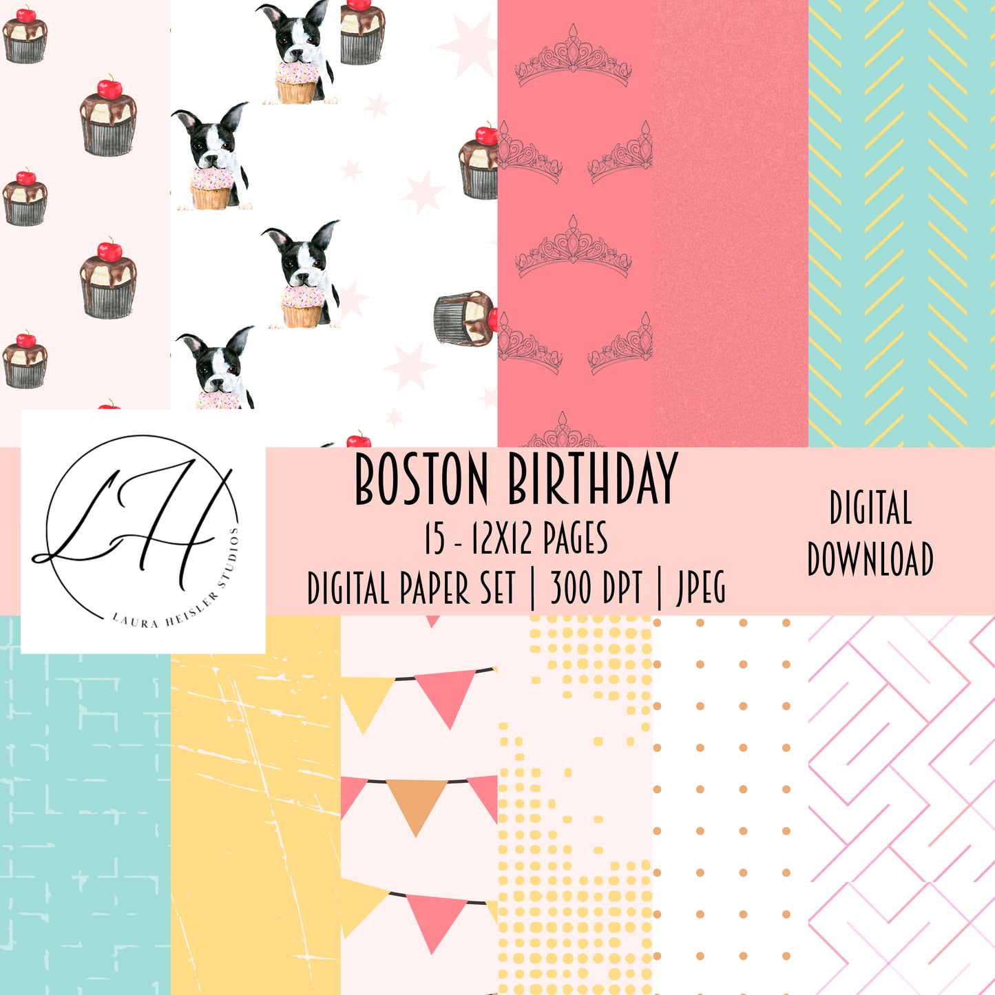 Boston Terrier Digital Scrapbooking Paper Pack