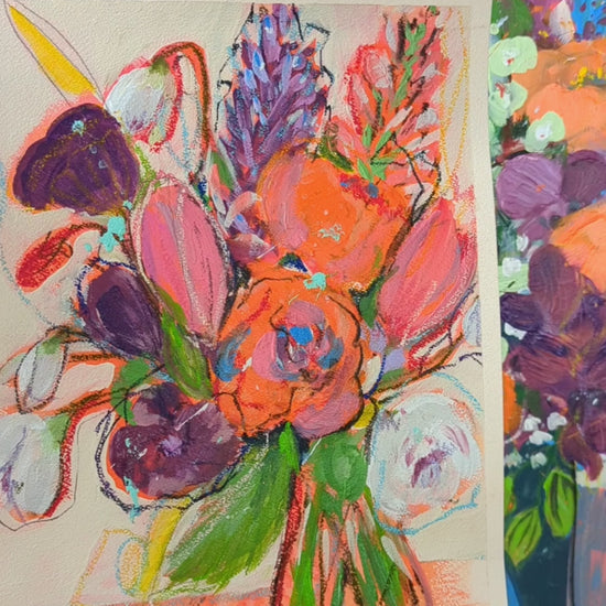 video of mixed media bold floral orange purple with chickadee