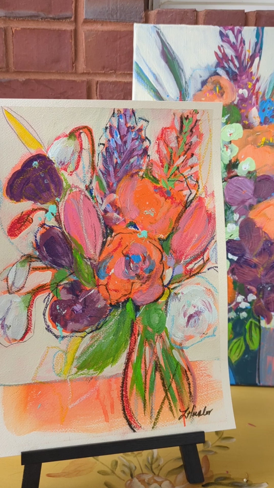 video of mixed media bold floral orange purple with chickadee