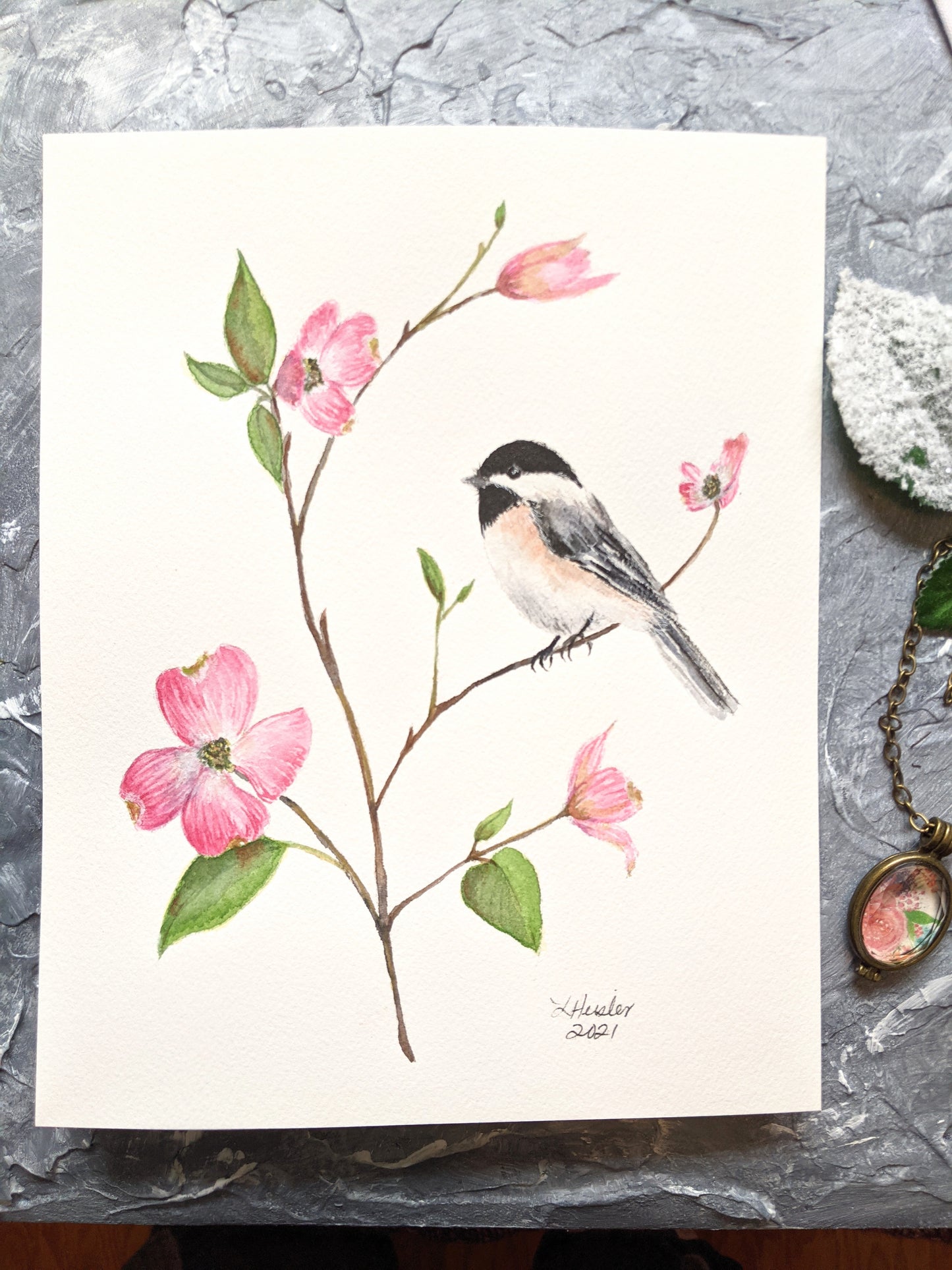 hand painted watercolor chickadee in pink dogwood branch