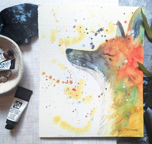 bold modern fox lifting face for sun hand painted watercolor