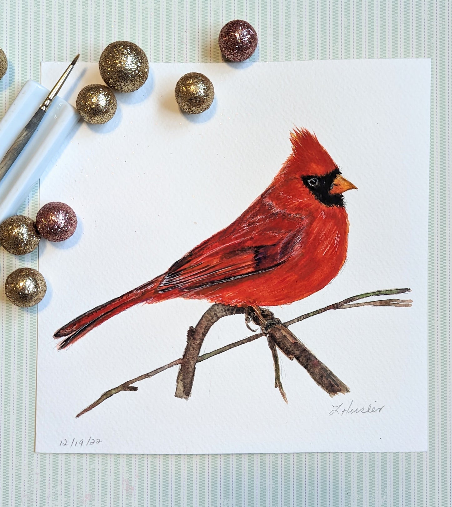 hand painted watercolor male cardinal redbird on branch