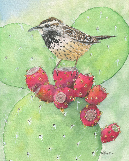 hand painted watercolor artwork of cactus wren on a prickly pear