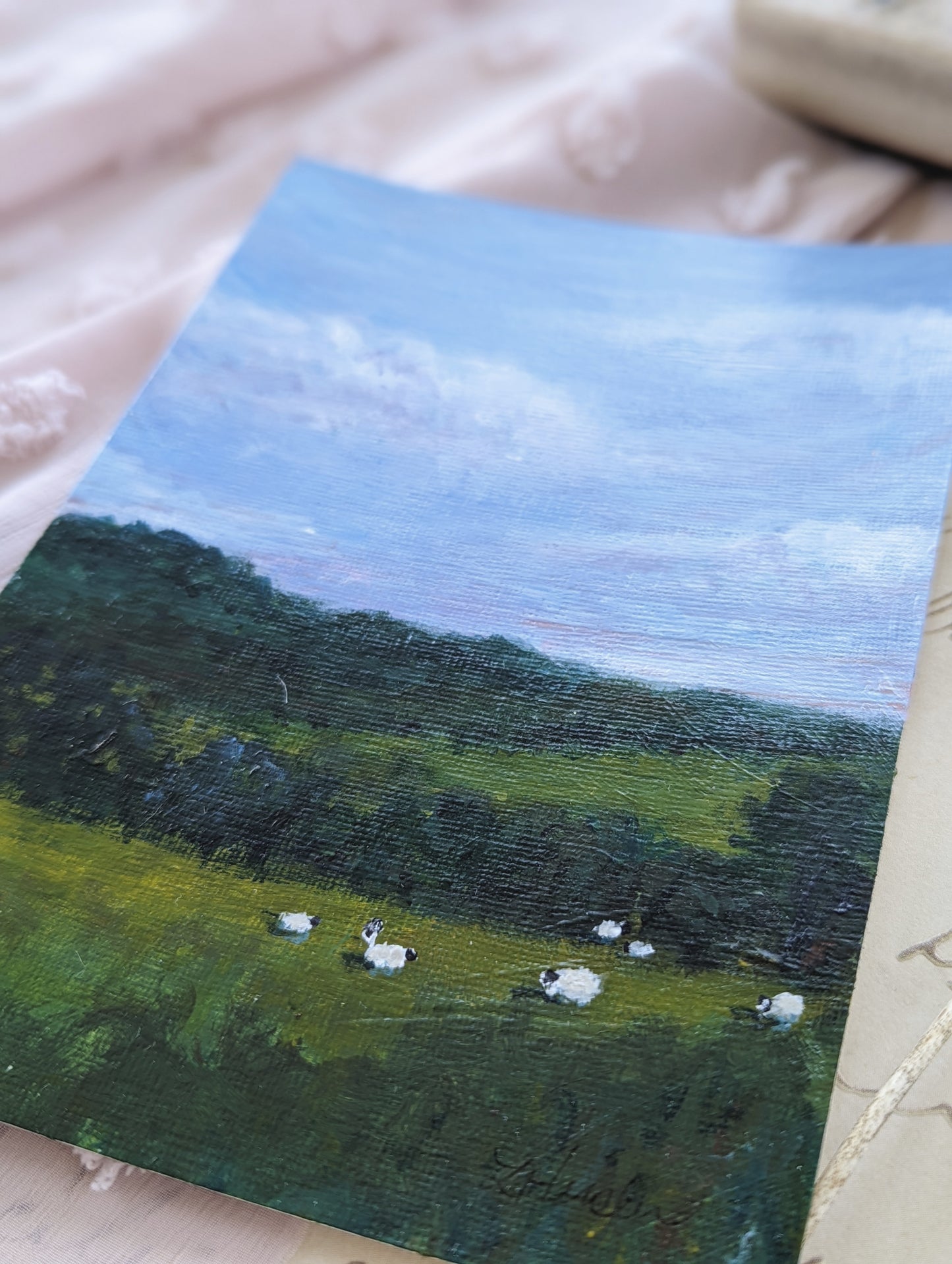 Acrylic painting of sheep farmland pasture laura heisler studios