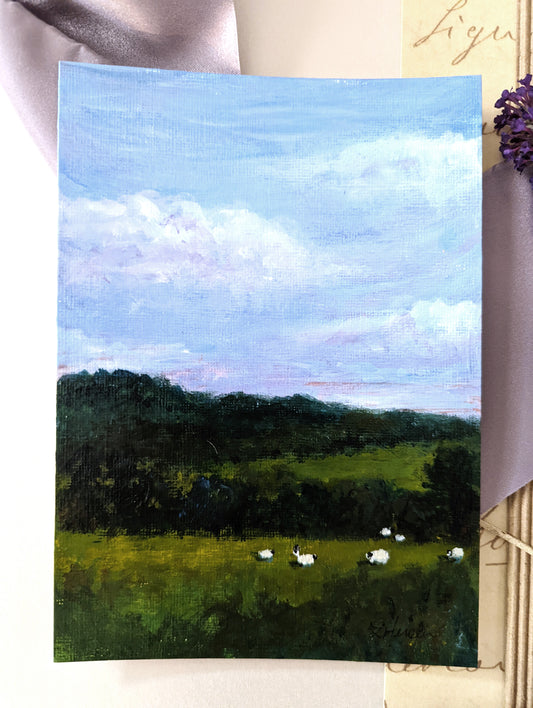 Acrylic painting of sheep farmland pasture laura heisler studios