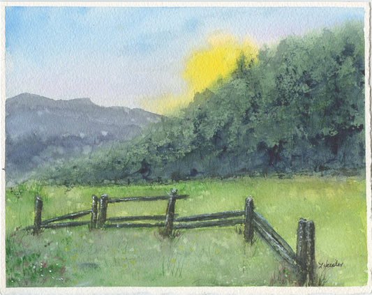 watercolor art of green field, fence, and mountains of Cade's Cove