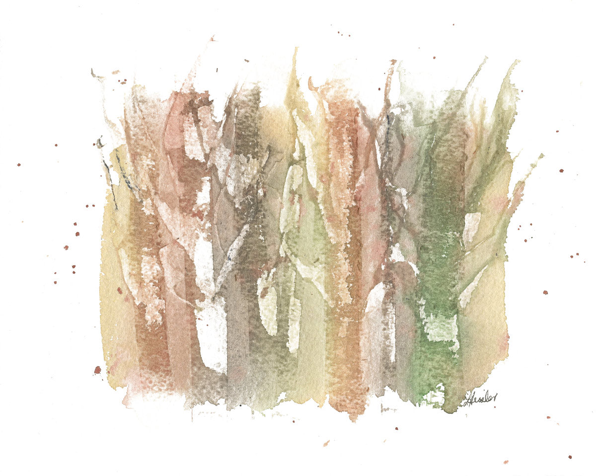watercolor winter trees with autumn colors in background