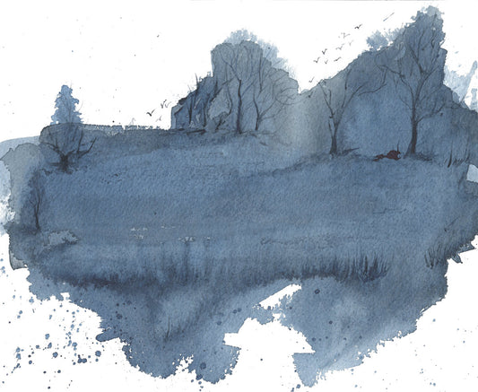 watercolor indigo abstract landscape trees meadow field