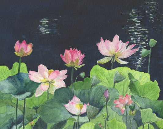 hand painted watercolor lotus pond in the moonlight with rich blues, greens, and pinks.