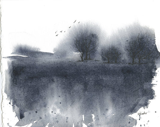 Abstract paynes gray landscape watercolor trees and field