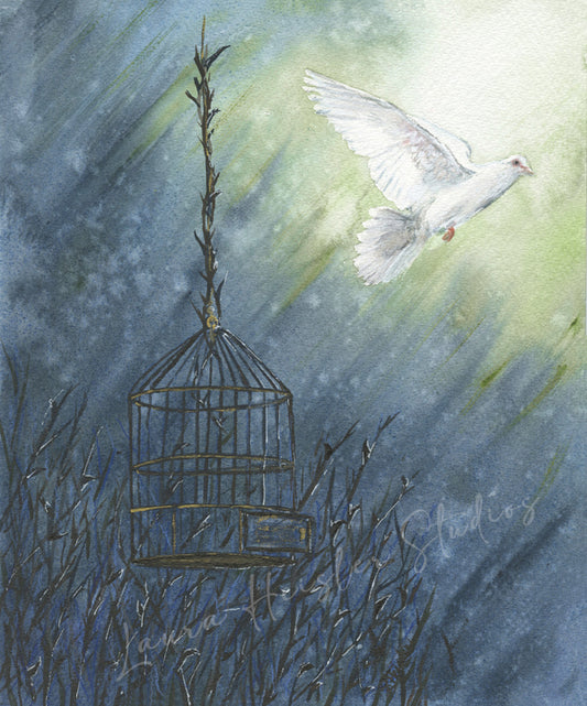 escaping prison bars - dove escaping gilded cage with thorns and darkness